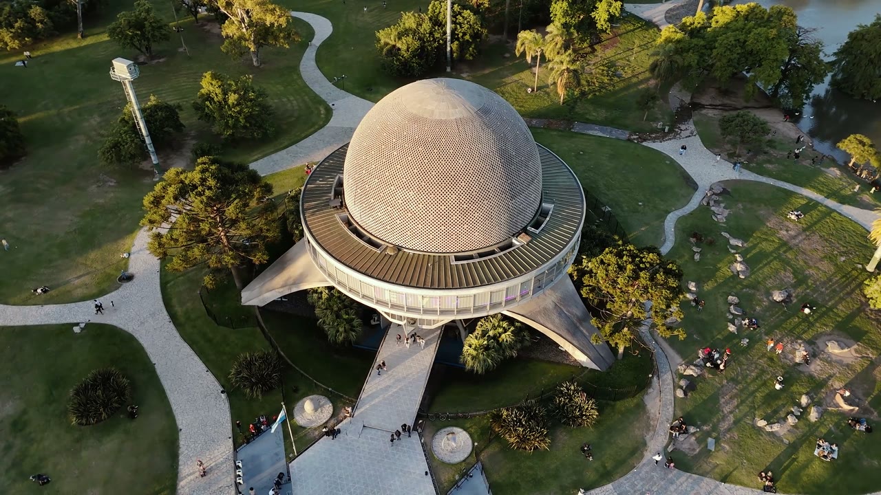 Aerial view approaching the Galileo Galilei Planetarium in Buenos Aires