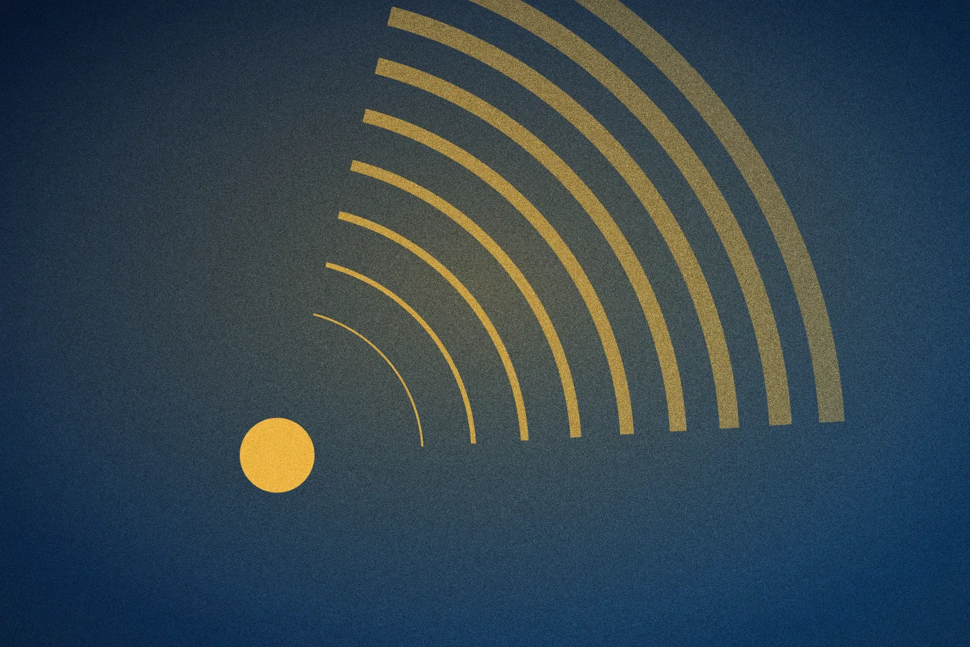 Concentric gold sweeps struck from a point beyond the frame, on a deep navy ground.