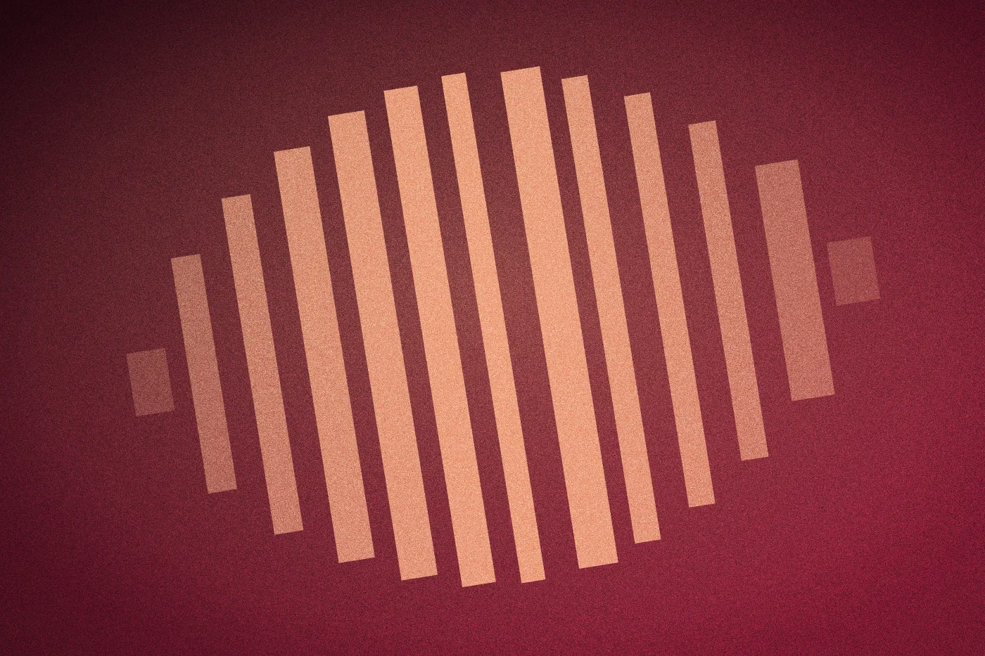 A leaning field of coral columns rising and falling across a crimson ground.