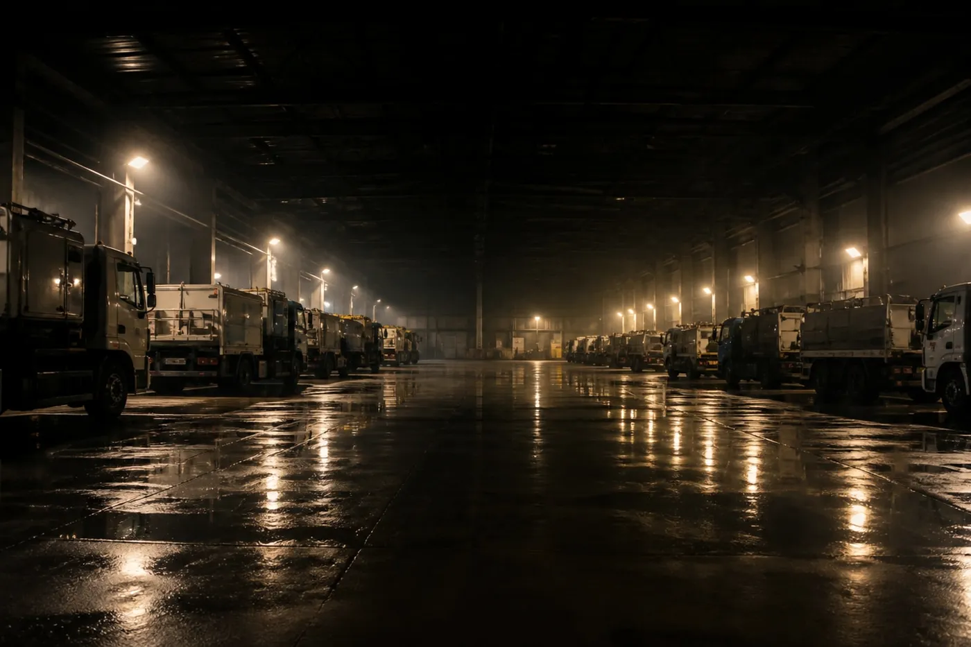 The inside of a vehicle depot at night, ranks of parked vans receding towards a closed shutter