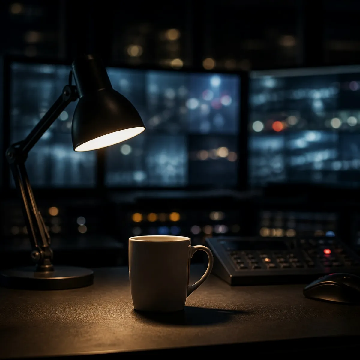A night control desk lit by a task lamp, a mug beside the keyboard and monitors out of focus behind