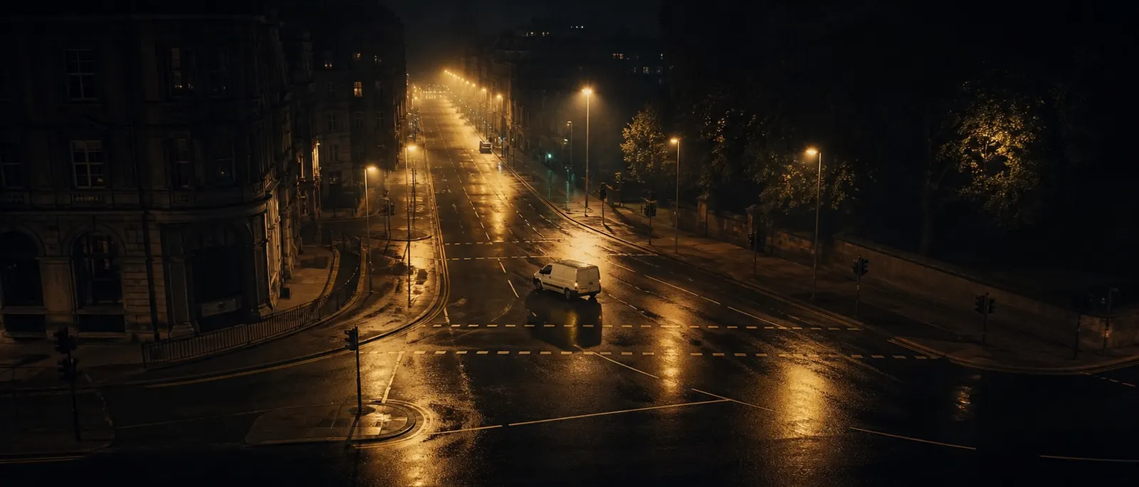 An empty city junction after midnight, wet tarmac holding the reflections of the street lights, a single van crossing