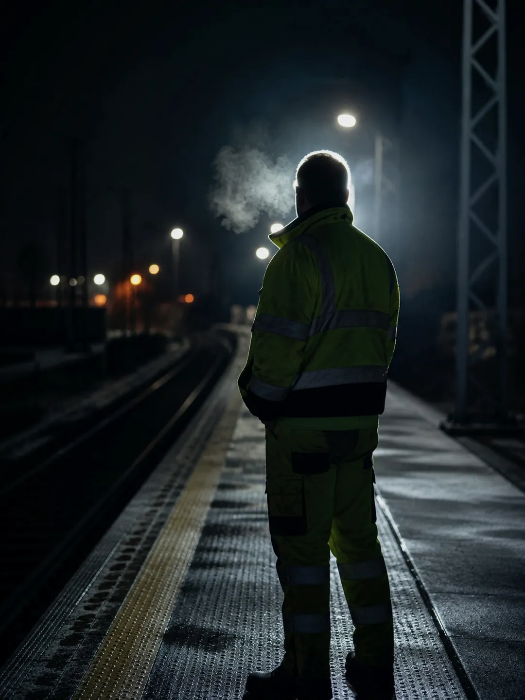 A maintenance worker in a hi-vis jacket alone on a platform, seen from behind, breath showing in the cold