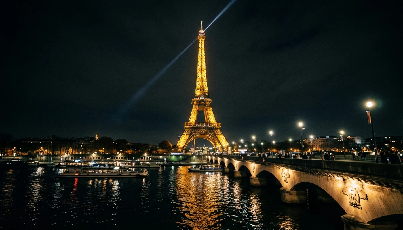 Illuminated Eiffel Tower landmark at night in Paris with Seine river bridge
