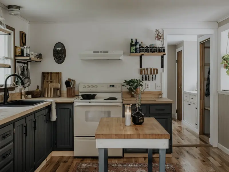 The kitchen with a butcher's block, oven and open shelves