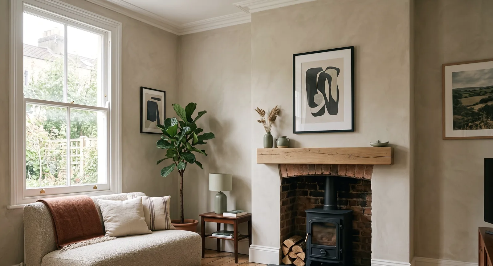 The Alma Road sitting room after renovation: lime-plaster walls, a wood burner, a linen sofa and a vintage rug
