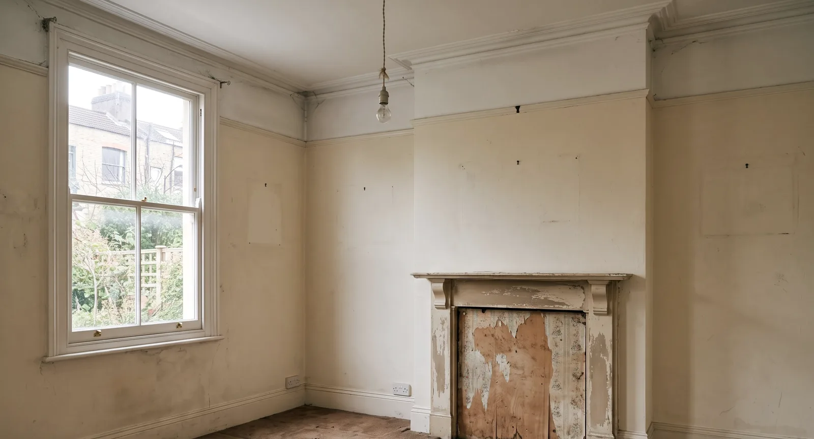 The Alma Road sitting room before renovation: bare walls, a boarded-up fireplace and no furniture