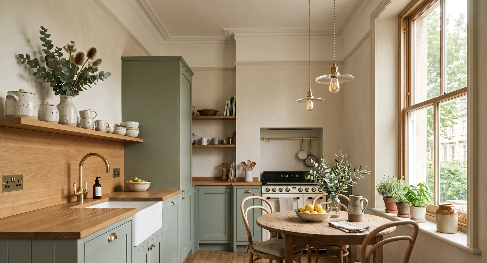 The Cotham Brow kitchen after renovation: sage-green cabinetry, oak worktop, brass tap and pendant lights