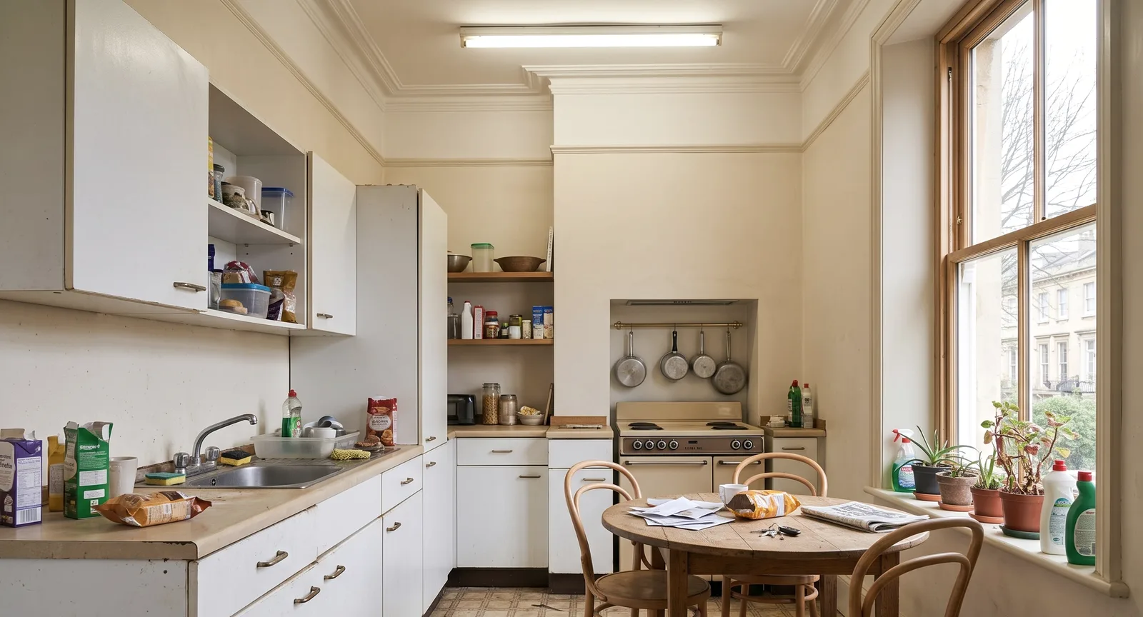 The Cotham Brow kitchen before renovation: old white laminate units, worn lino and a fluorescent tube light