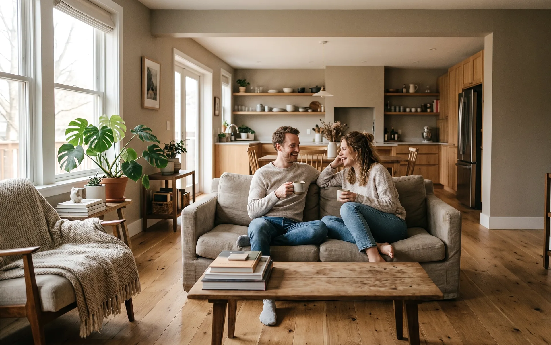 A finished Fenwick & Roe living room: a warm, oak-floored open-plan space with a couple relaxing over coffee
