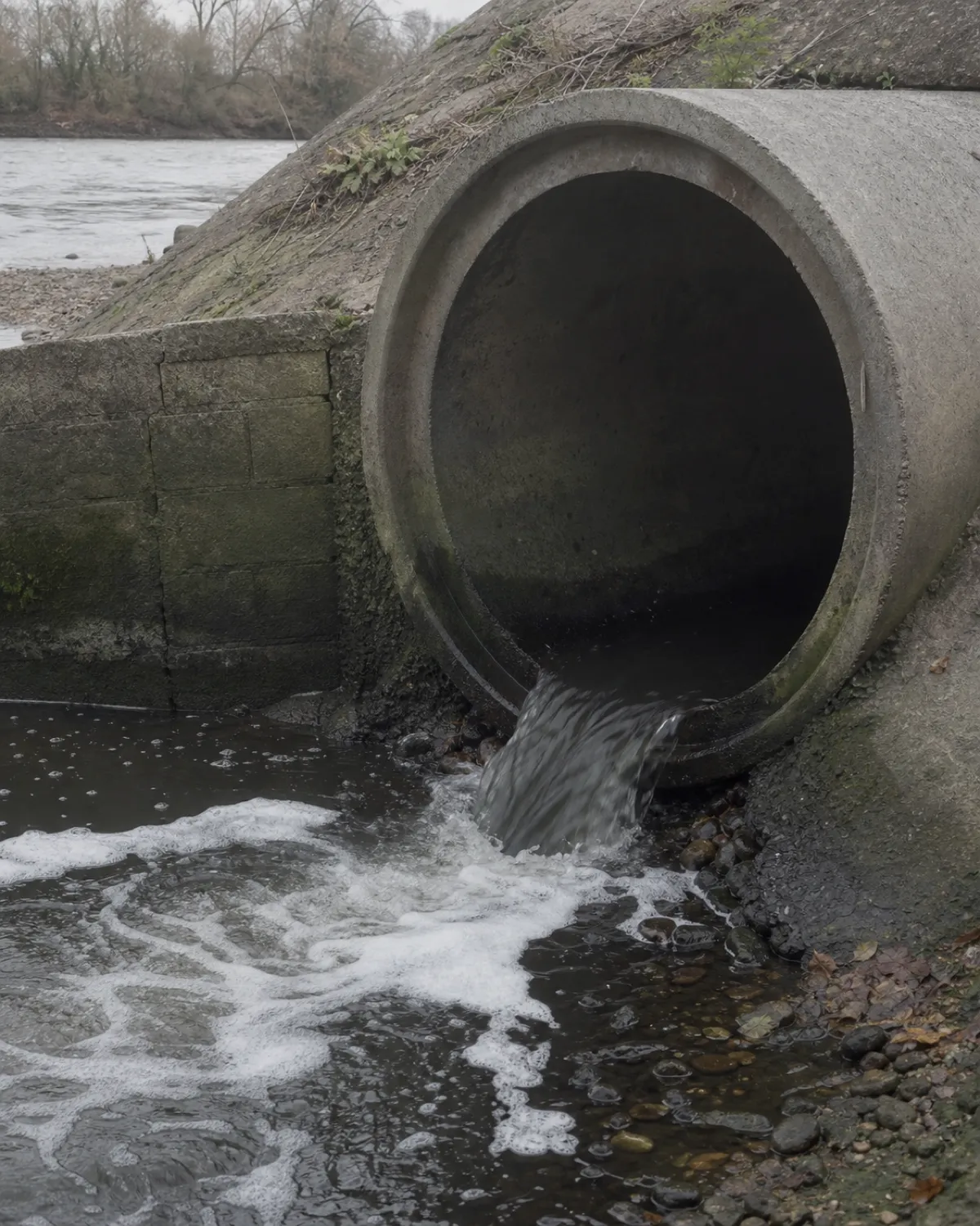 A 1.2 metre concrete outfall pipe set into a river bank, grey water running from its mouth into the shallows.
