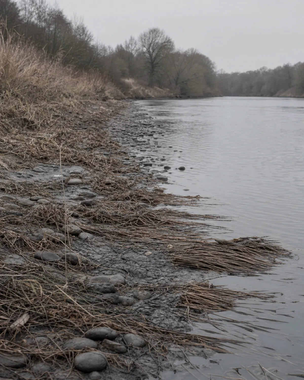 The north bank of the River Sennet downstream of the outfall, reeds flattened and grey silt on the stones.