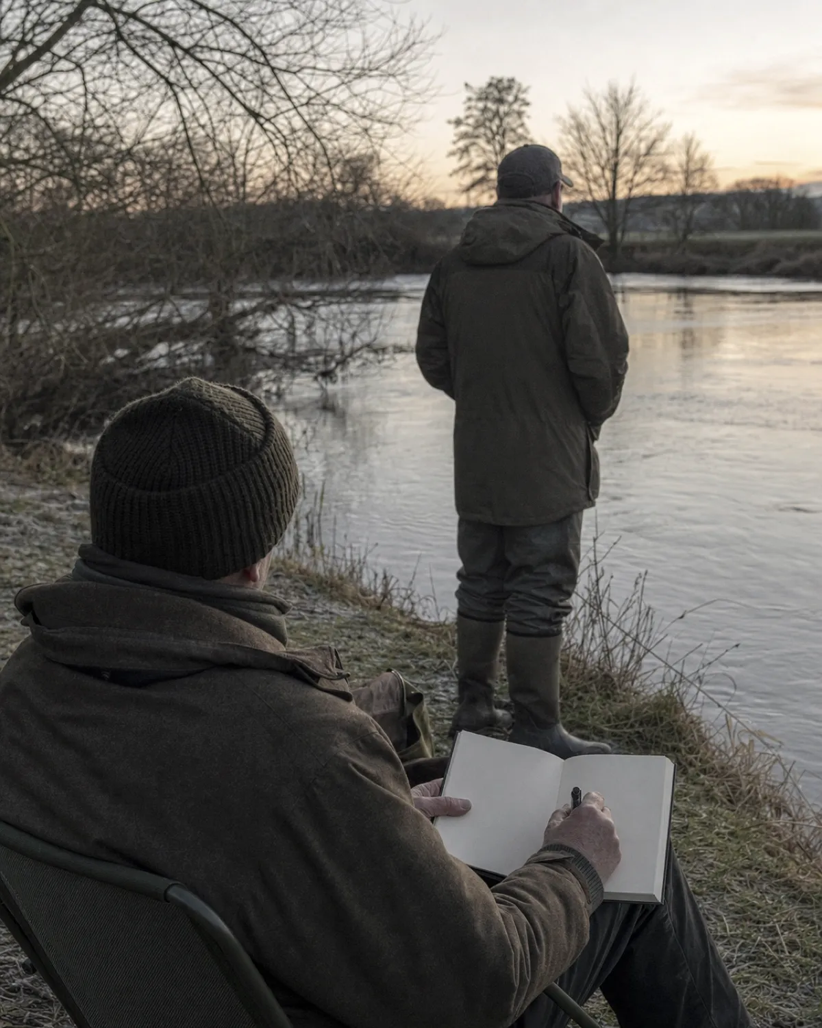 Two members of an angling club on the bank at dusk, one writing in a hardbacked log book.
