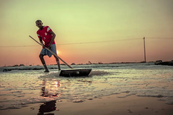 A salt worker drawing a rake across a flooded pan at sunset