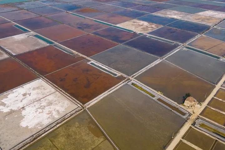 Evaporation pans seen from above, each holding a different colour of brine