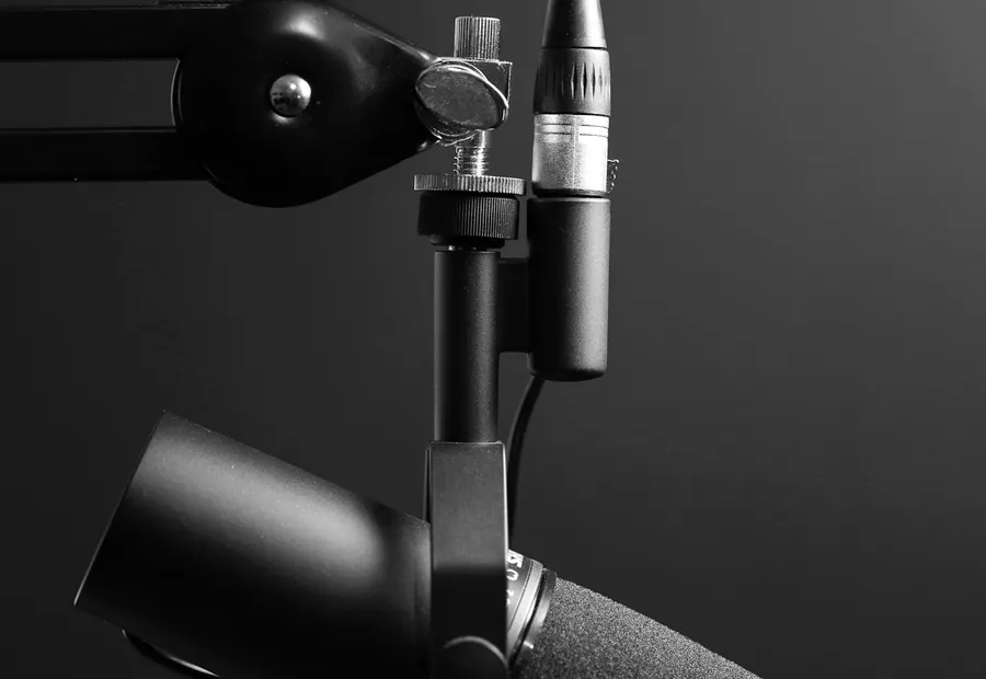 A broadcast microphone on a boom arm, lit from one side.