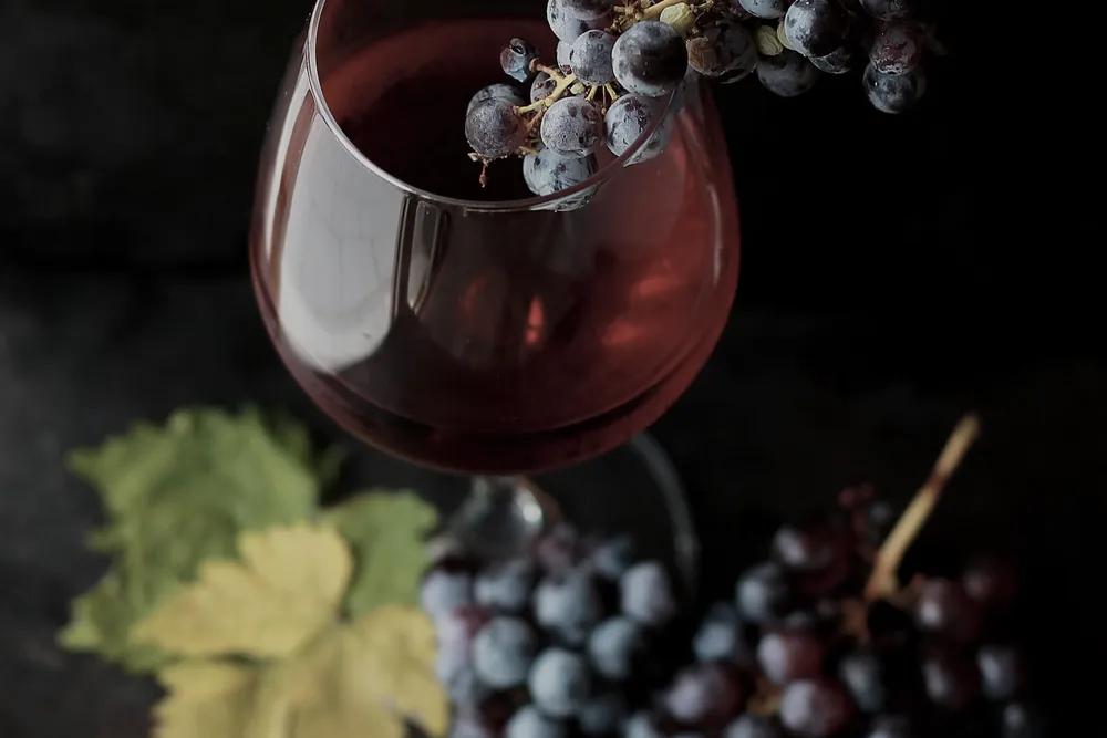 A glass of red wine beside dark grapes