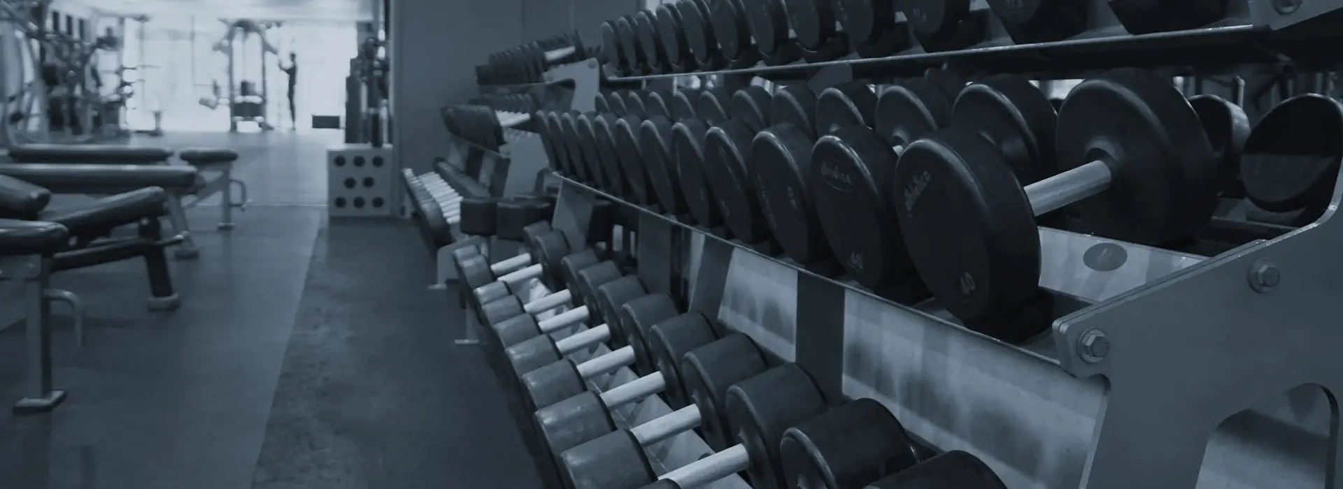 The main floor at Ninth Rep, racks of dumbbells along the wall