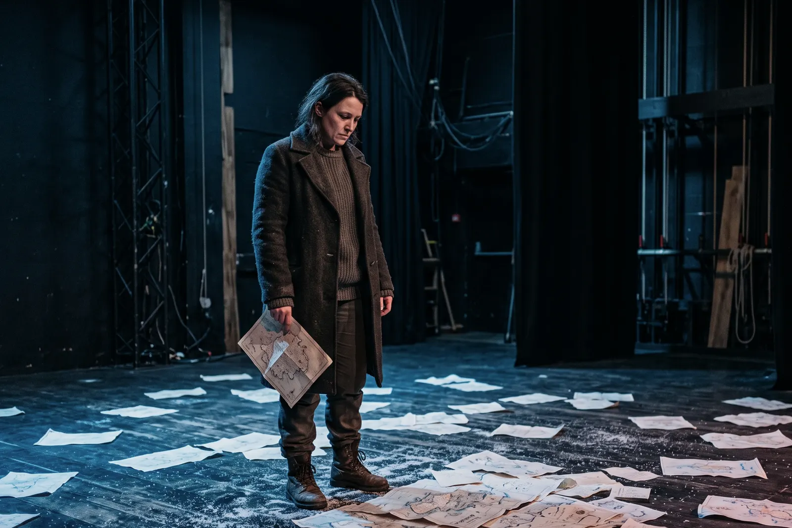 A performer in a weathered coat standing on a stark stage scattered with maps and pale sea salt.