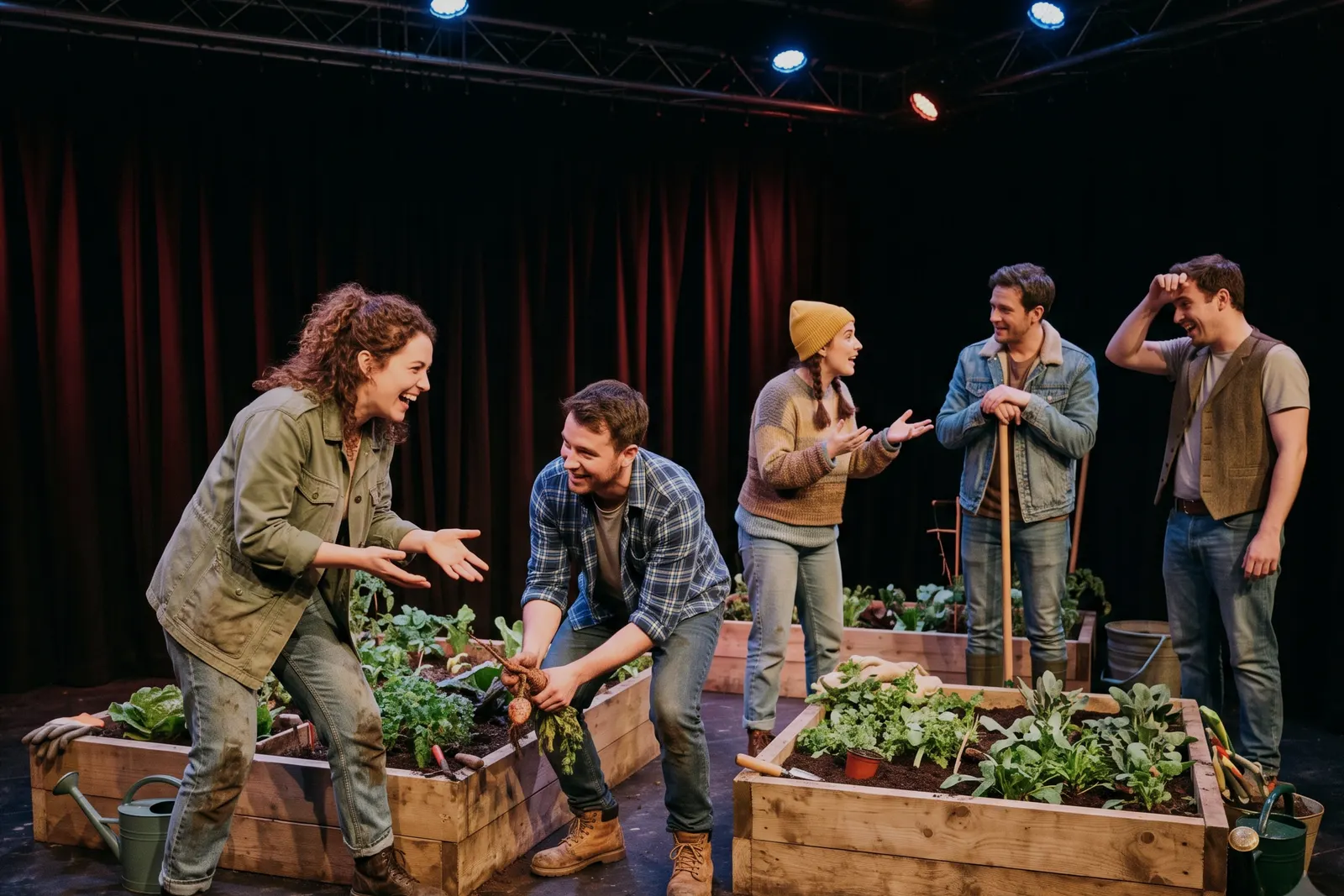 An ensemble of performers among timber planting beds in a lively contemporary theatre production.