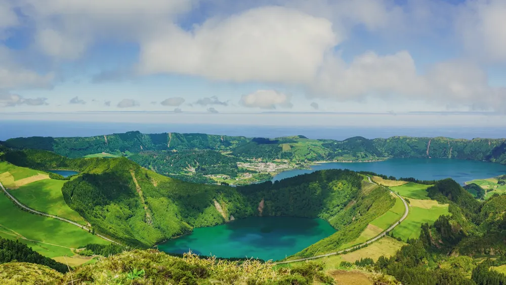 The green crater lakes of Sete Cidades on Sao Miguel, a footpath along the rim