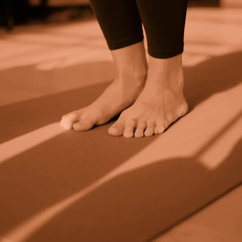 Bare feet standing at the top of a mat in low afternoon light
