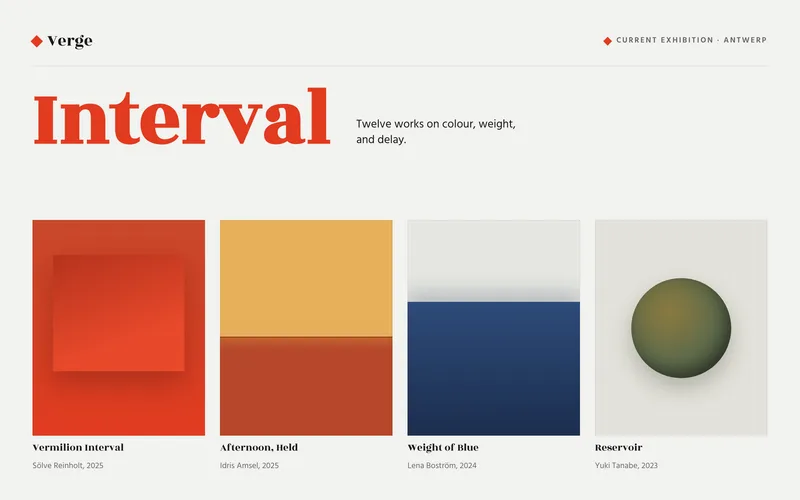 Art Gallery Template - A one-page site for a contemporary art gallery, built on a cool white ground with one vermilion, whose signature is a walk-the-wall exhibition: the section pins and vertical scroll pans a hang of CSS-drawn artworks sideways, with a medium filter that re-hangs the wall