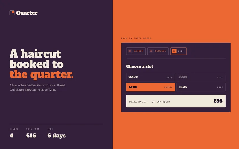 Barber Shop Template - A complete one-page site for a barber shop, built on an aubergine ground with heavy slab type, and a three-step booking flow with a running summary as its signature
