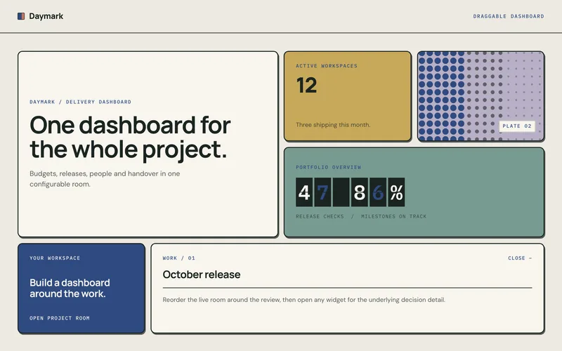 Draggable Dashboard Template - A calm project-dashboard landing page with draggable, keyboard-reorderable widgets, a practical build-your-workspace section, expandable release rooms and split-flap metrics