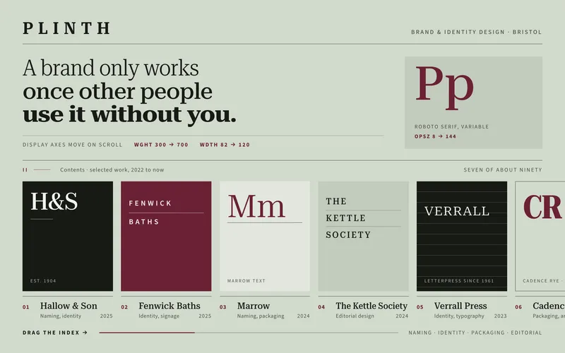 Branding Studio Template - An editorial one-page site for a brand and identity studio: a contents index of typographic plates you throw sideways with a finger, display headings cut in a variable serif that arrive light and set themselves once as they come into view, and a featured project laid out as a proper article with a drop cap, marginalia and numbered notes