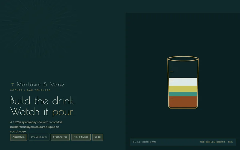 Cocktail Bar Template - A complete one-page site for a 1920s speakeasy, built on a deep teal-black ground with brass deco linework, whose signature is a build-your-cocktail glass that pours coloured liquid layers as you pick a base spirit and mixers
