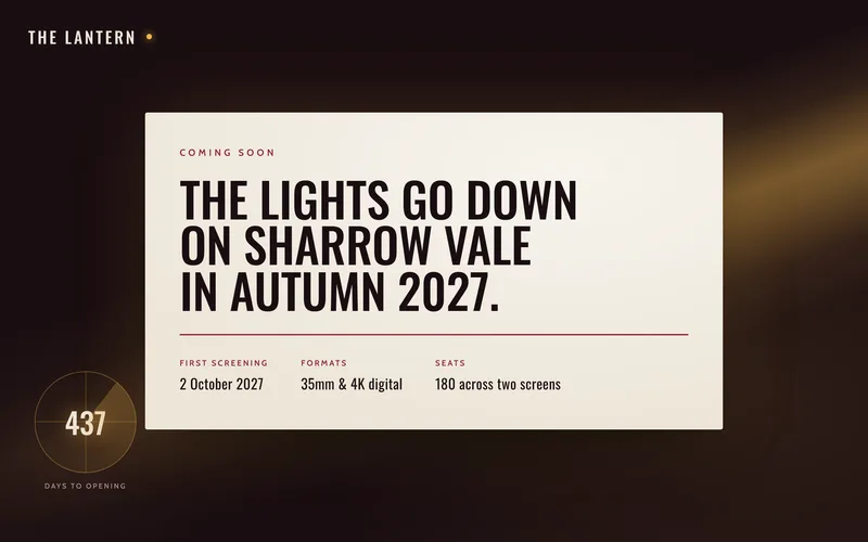 Coming Soon Template - A free single-screen holding page dressed as a picture house: a projector beam rakes across a dark auditorium, a house light wanders the room, and the countdown is an Academy leader whose sweep hand turns continuously while the day count cuts once a day