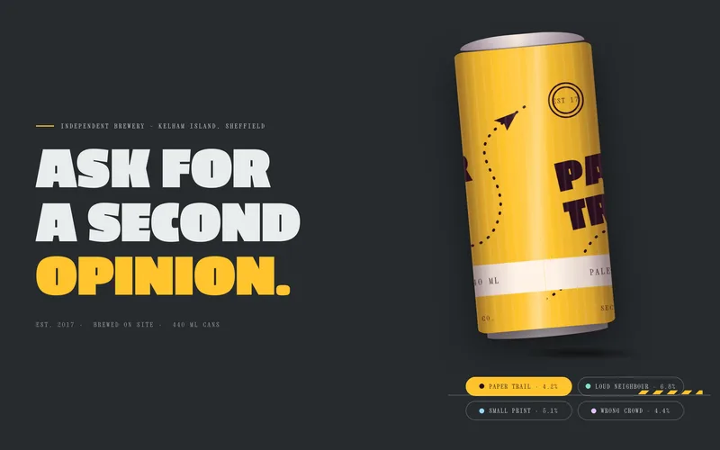 Craft Brewery Template - A one-page brewery and taproom site where a draggable spinning can is the hero: the only saturated object on an industrial gunmetal shell, and picking a beer retokens the whole page