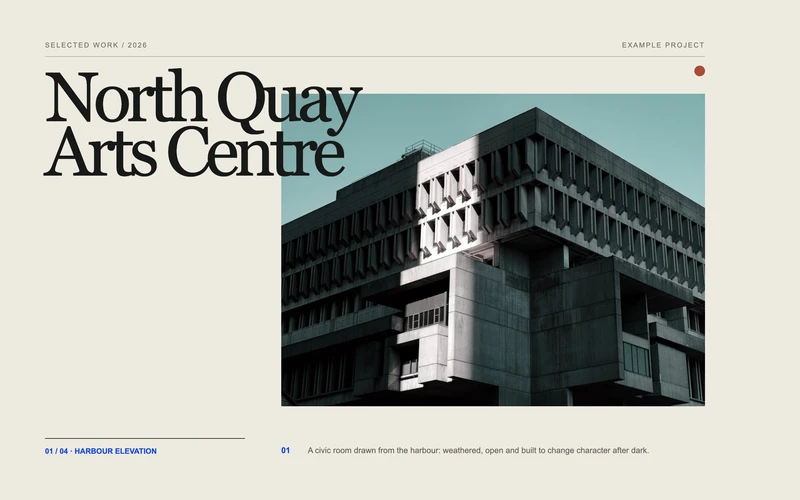 Editorial Case Study - A photography-led architecture case study with an indexed focal image, project narrative, key facts and a measured outcomes ledger in one refined editorial section
