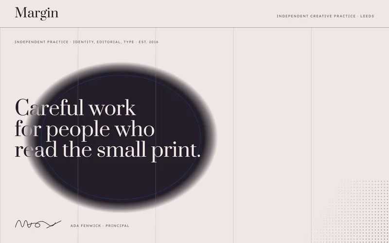 Editorial One Page Template - A vertical-agnostic editorial one-pager whose cover exists twice: a chalk plate on top and an ink negative beneath it, revealed through a soft aperture that follows the cursor and stretches on the axis it is moving along