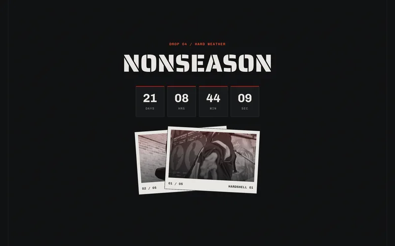 Fashion Drop Template - A stark one-page drop site for a limited clothing release: live countdown in the hero and sticky bar, a draggable lookbook card deck, a scarcity-driven product grid, and a first-access waitlist built for conversion