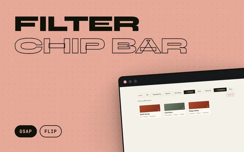 Filter Chip Bar - A scrollable row of multi-select filter chips over a results grid: each chip opens a tick, the row carries its own drawn scrollbar, the grid re-flows with GSAP Flip and the results count counts to its new number