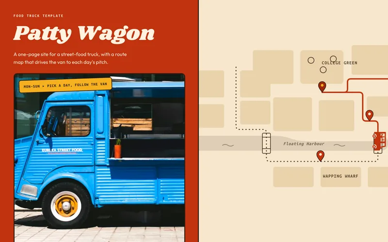 Food Truck Template - A complete one-page site for a street-food truck, built around an illustrated route map: pick a day of the week and the van drives along the route to that day's pitch with MotionPathPlugin, wheels turning, exhaust puffing on arrival, each pin revealing a photo of its pitch