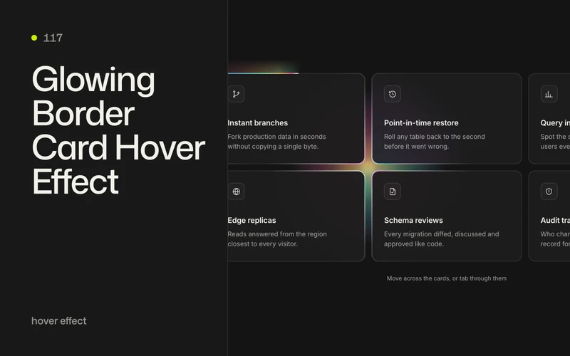 A dark grid of feature cards with holographic foil light on the borders nearest the pointer