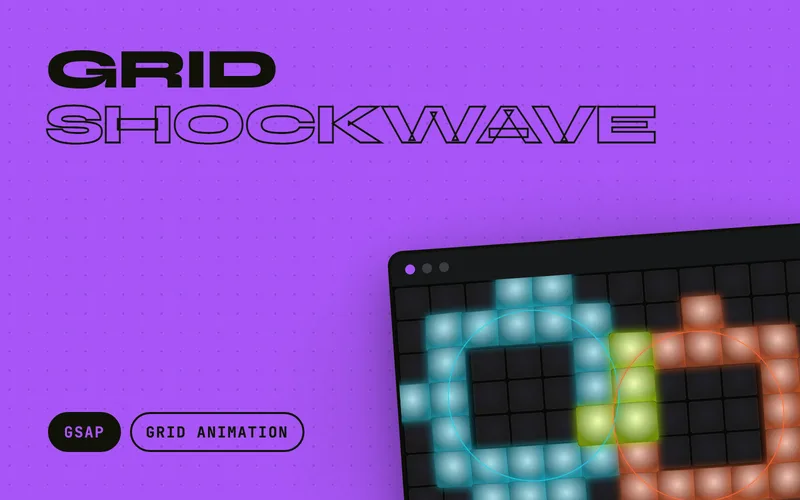 Grid Shockwave - An interactive tile wall where every click detonates a radial shockwave: tiles pop, flash, and tip away from the epicentre in a distance-staggered ring wave, then settle with elastic overshoot