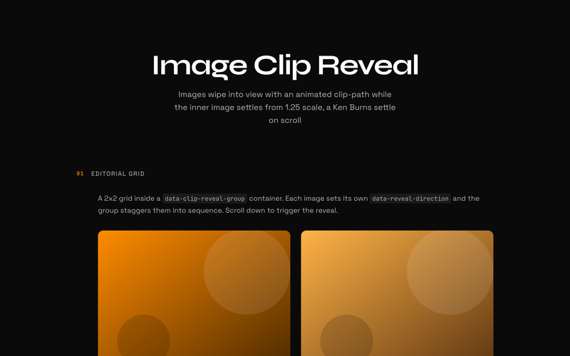Image Clip Reveal - Images reveal on scroll with an animated clip-path wipe and a Ken Burns settle, the inner image easing from 1