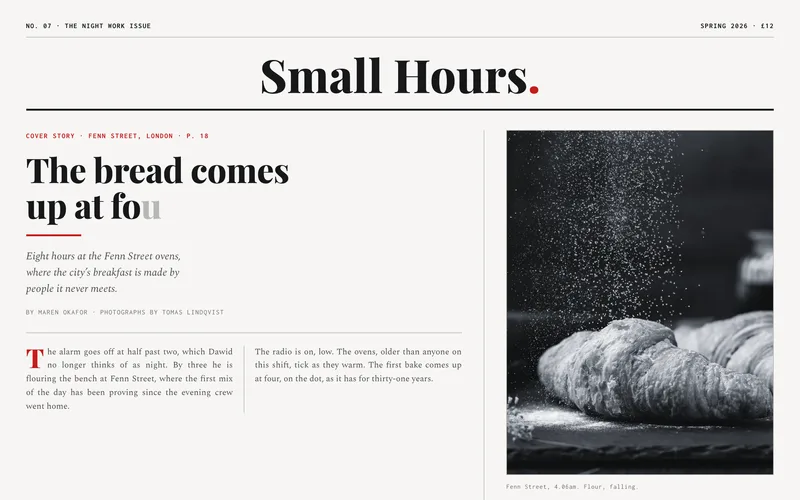 Indie Magazine Template - A complete single-issue site for an independent print magazine, set like a broadsheet front page: a cover headline that typesets itself letter by letter, and pull quotes that grow on scroll while the newspaper columns re-wrap around them live