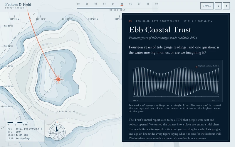 Interactive Map - A studio portfolio drawn as one engraved sea chart: scroll flies a camera from a world view down to each project island, where the case study opens in place