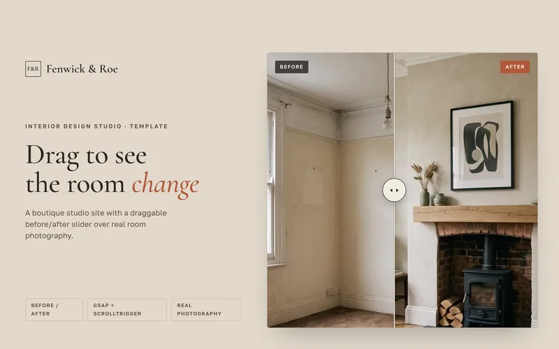 Interior Design Studio Template - A complete one-page site for a boutique interior design studio on a warm greige ground, with a draggable before/after slider that wipes a redesigned room over the bare original as its signature