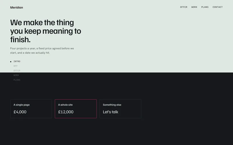 Landing Page Template - A vertical-agnostic one-page site whose identity is structural: bands alternate hard between two tones, and the fixed nav and reading rail invert themselves against whatever is behind them using mix-blend-mode rather than script