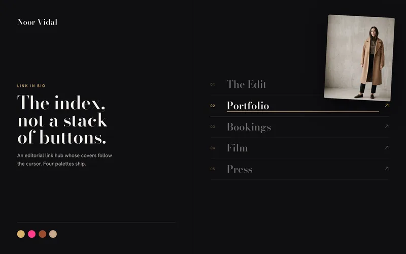 Link Hub Template - An editorial link-in-bio page for a fashion model and lifestyle creator: a Didone contents index whose covers follow the cursor and cross-fade as you move down the list, with a shipping four-palette persona switcher