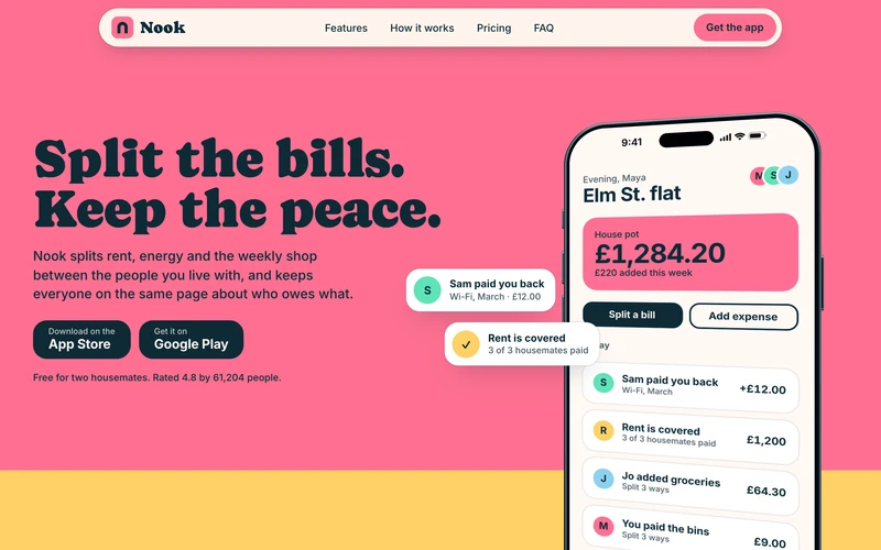 Mobile App Landing - A one-page site for a mobile app with a real 3D phone that turns to a new screen as you scroll through four features, plus store buttons, pricing with a monthly and yearly toggle, an FAQ and a QR download block