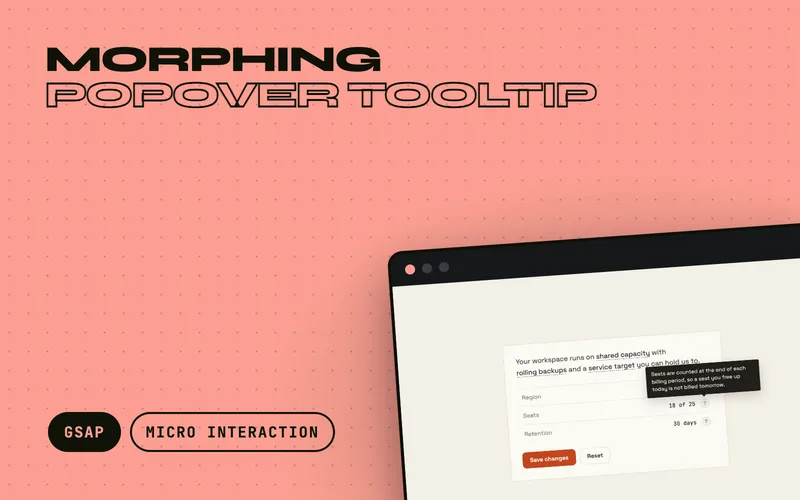 Morphing Popover Tooltip - One floating bubble serves every target: position, width, height and arrow all tween, so the tooltip travels between targets instead of blinking out and back