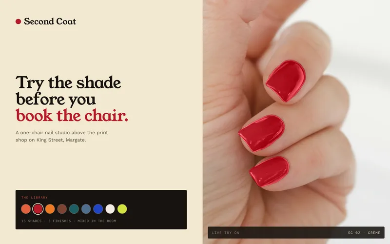 Nail Studio Template - A complete one-page site for a boutique nail studio, built on a butter ground with one lacquer red, and a live shade try-on that paints a photographed hand coat by coat as its signature
