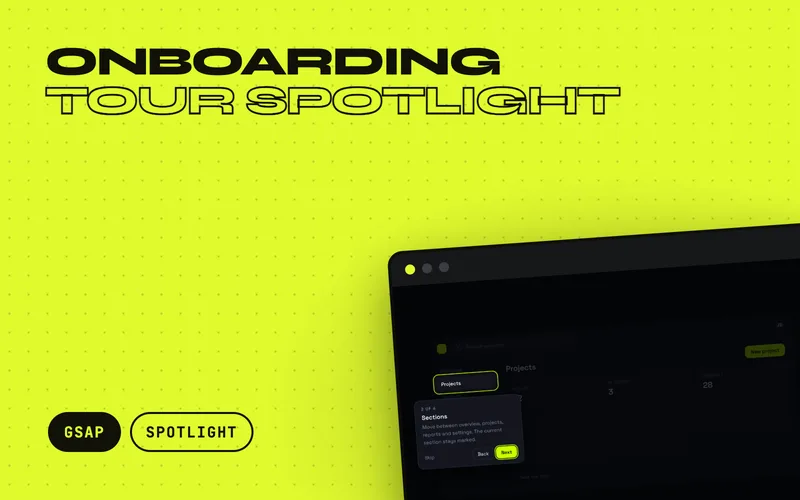 Onboarding Tour Spotlight - Product tour that dims the page except a spotlight cutout, morphs the cutout from target to target, and floats a tooltip card with Back, Next and Skip